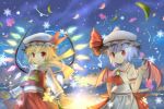  bat_wings blonde_hair bunchou_(bunchou3103) butterfly fang fireflies flandre_scarlet highres lavender_hair moon multiple_girls outstretched_arms petals red_eyes remilia_scarlet scarf short_hair siblings sisters slit_pupils smile snow snowflakes spread_arms touhou wings 
