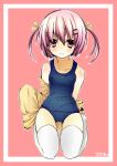  clothes_down highres jacket kneeling one-piece_swimsuit original pink_eyes pink_hair school_swimsuit short_hair simple_background slender_waist smile solo swimsuit thigh-highs thighhighs twintails white_legwear yana_mori 