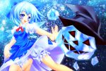  bloomers blue_eyes blue_hair bow cirno dress hair_bow hat ice senkan_kirisima short_hair solo touhou wings witch_hat 