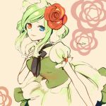  blue_eye character_request copyright_request dress flower green_hair grin hand_on_chest hand_on_own_chest heterochromia maid maid_headdress neck_ribbon personification pokemon red_eye red_rose ribbon rose roselia short_hair smile solo yukiguni_samui 