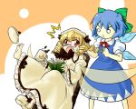  barefoot blonde_hair blue_hair bow cirno dress drill_hair hair_bow hat luna_child multiple_girls red_eyes seventh_servant short_hair single_shoe slippers touhou wings 