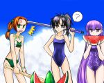  74 angry baseball_bat bikini black_hair blush bracelet brown_eyes brown_hair cath eating fir fire_emblem fire_emblem:_fuuin_no_tsurugi fire_emblem_fuuin_no_tsurugi floral_print food fruit grey_eyes hair_ribbon jewelry long_hair necklace one-piece_swimsuit ponytail purple_eyes purple_hair ribbon short_hair sofiya sweatdrop swimsuit sword very_long_hair violet_eyes watermelon weapon 