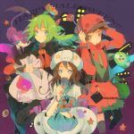  1girl 2boys adjusting_hat ahoge alternate_hairstyle animal_ears black_eyes blue_eyes bracelet brown_eyes brown_hair cabbie_hat candle candy cat_ears chandelure crown dress english green_hair grin group halloween hat hoodie kashi_(number) litwick lollipop long_hair long_sleeves male multiple_boys n_(pokemon) no_hat pants pikachu poke_ball pokemon pokemon_(creature) pokemon_(game) pokemon_black_and_white pokemon_bw ponytail pumpkin purrloin ribbon short_hair short_sleeves smile solosis star swirl_lollipop thigh-highs touko_(pokemon) touya_(pokemon) 