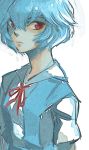  blue blue_hair katou_(hyaena) neon_genesis_evangelion red_eyes school_uniform serafuku short_hair simple_background solo 