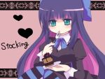  artist_request blush cake dress eating food green_eyes hair_ribbon long_hair multicolored_hair panty_&amp;_stocking_with_garterbelt ribbon solo stocking_(character) stocking_(psg) striped striped_legwear striped_thighhighs thigh-highs thighhighs two-tone_hair 