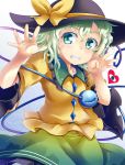  1girl bow green_eyes green_hair grin hat hat_bow heart komeiji_koishi nanatsuhane short_hair skirt smile solo third_eye touhou 