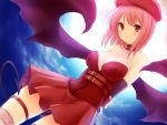  arm_holding arms_behind_back bare_shoulders belt beret breasts choker cleavage collar demon_tail demon_wings devil full_moon garters hat lace lace-trimmed_thighhighs moon original pink_hair red_eyes skirt smile tail thigh_strap thighhighs wallpaper wings 