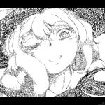  hand_on_own_cheek hand_on_own_face hat komeiji_koishi letterboxed monochrome oso oso_(toolate) portrait short_hair smile solo sun_hat text text_art third_eye touhou translation_request wall_of_text wink 
