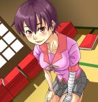  bandage bandaged_hand bandages blush book kanbaru_suruga kneeling mimuni monogatari_(series) school_uniform short_hair 