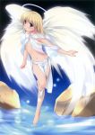  angel angel_wings barefoot blonde_hair cherubs cloth cross flat_chest halo highres navel ooji water wings 