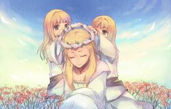  3girls blonde_hair child closed_eyes copyright_request eyes_closed flower head_wreath juuya multiple_girls sky smile 