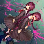  2girls alle_gro back-to-back black_eyes book braid brown_hair dangan_ronpa dual_persona dual_wielding fukawa_touko glasses long_hair mole multiple_girls pleated_skirt school_uniform scissors serafuku skirt tongue twin_braids 