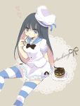  beret cake doily dress eating food fork hat heart kmgkmgk long_hair panty_&amp;_stocking_with_garterbelt plate short_sleeves simple_background sitting skirt solo stocking_(character) stocking_(psg) striped striped_legwear striped_thighhighs thigh-highs thighhighs zettai_ryouiki 