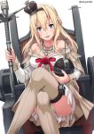  1girl :d bare_shoulders blonde_hair blue_eyes braid breasts cleavage collarbone commentary crossed_legs crown dress eyebrows eyebrows_visible_through_hair french_braid hair_between_eyes hairband jewelry kantai_collection long_hair mini_crown necklace off_shoulder open_mouth sakiyamama simple_background sitting smile solo thigh-highs twitter_username warspite_(kantai_collection) white_background 