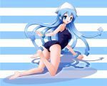  blue_eyes blue_hair hat ikamusume kanaregawa_misato legs long_hair looking_back one-piece_swimsuit school_swimsuit shinryaku!_ikamusume solo swimsuit tentacle_hair 