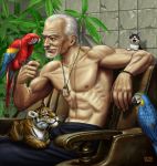  armchair beard bird bird_on_hand cat chair facial_hair grey_hair male matata-cat matataku muscle old old_man omamori original shirtless sitting solo tiger topless 