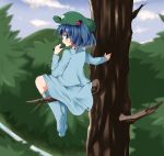  bare_tree blue_eyes blue_hair blush boots cucumber eating hair_bobbles hair_ornament hat in_tree kawashiro_nitori looking_back nanana_(chicken_union) short_hair sitting sitting_in_tree solo touhou tree twintails 