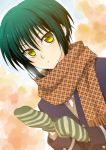  dutch_angle green_hair kawaji male mittens naoi_ayato plaid plaid_scarf scarf school_uniform short_hair yellow_eyes 