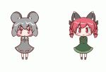  :&lt; :3 animal_ears animated animated_gif arms_behind_back bow braid cat_ears cat_tail dress gif grey_hair hair_bow jewelry kaenbyou_rin lowres maitora mouse_ears multiple_girls multiple_tails nazrin pendant red_eyes red_hair redhead short_hair tail touhou twin_braids twintails 