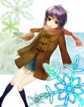  coat even_(artist) highres nagato_yuki pun purple_hair scarf short_hair skirt snowflakes suzumiya_haruhi_no_shoushitsu suzumiya_haruhi_no_yuuutsu toggles 
