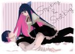  blue_hair bow genderswap green_eyes hair_bow long_hair multicolored_hair panty_&amp;_stocking_with_garterbelt pink_hair play_r selfcest short_hair stocking_(character) stocking_(psg) straddle striped striped_legwear thighhighs two-tone_hair vest waistcoat 