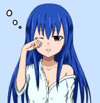 1girl arute_arisu blue_background blue_hair breasts brown_eyes cleavage collar fairy_tail flat_chest long_hair looking_at_viewer off_shoulder one_eye_closed open_mouth shirt simple_background solo upper_body wendy_marvell white_shirt 