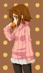  black_pantyhose brown_hair food fruit hirasawa_yui holding holding_fruit k-on! mandarin mandarin_orange orange pantyhose plover short_hair sweater 