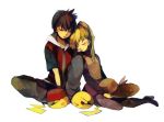  1boy 1girl black_hair blonde_hair boots chuchu_(pokemon) closed_eyes couple feather flower hair_flower hair_ornament hat hat_removed headwear_removed jeans long_hair male pants pika_(pokemon) pikachu pokemon pokemon_(creature) pokemon_special ponytail popped_collar red_(pokemon) short_hair short_sleeves simple_background sleeping smile straw_hat vest yellow_(pokemon) yui_ko 