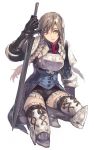  armor boots braid brown_eyes brown_hair gloves greaves one_knee ravness_loxaerion shorts solo sword tactics_ogre thigh-highs thigh_boots thighhighs twin_braids weapon 