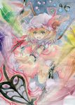  blonde_hair chain crystal fang flandre_scarlet foreshortening hat highres laevatein open_mouth outstretched_arm outstretched_hand red_eyes short_hair smile solo sxbzero touhou traditional_media wings 