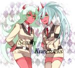  bad_id blue_hair demon_girl fang glasses green_eyes green_hair horns kazutano kneesocks_(character) kneesocks_(psg) kurosawa_kazuto long_hair multiple_girls necktie panty_&amp;_stocking_with_garterbelt ponytail red_skin scanty scanty_(psg) school_uniform skirt thighhighs 