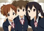  :o black_hair blazer brown_eyes brown_hair bust grin hair_ribbon hand_on_shoulder hirasawa_ui k-on! long_hair multiple_girls nakano_azusa open_mouth ponytail ribbon school_uniform short_hair short_twintails smile suzuki_jun twintails yamasaki_wataru 