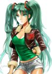  breasts centimetre cleavage green_eyes green_hair hatsune_miku jacket long_hair short_shorts shorts simple_background solo twintails very_long_hair vocaloid 