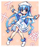  blue_hair dress hat ikamusume kusumi_ranma long_hair outstretched_arms shinryaku!_ikamusume solo spread_arms tentacle_hair 