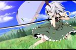  bob_cut bow cloud dress dutch_angle fighting_stance ghost grass hair_ribbon hairband katanakko_daisuki katanako_daisuki konpaku_youmu konpaku_youmu_(ghost) letterboxed meadow mountain myon nature outdoors outside ribbon short_hair silver_hair sky socks solo sword touhou tree vest wallpaper weapon 