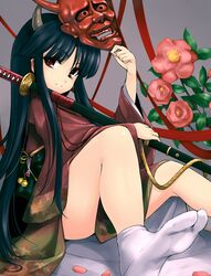  camellia_(flower) feet flower foreshortening hannya hinomoto_oniko horns japanese_clothes katana long_hair mask oni_mask original red_eyes sheath sitting smile socks solo sword tabi takemori_shintarou weapon white_legwear 