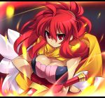  cleavage fire flame katami_shinta large_breasts letterboxed long_hair open_mouth red_eyes red_hair redhead shinrabanshou shiten_rekka_karin solo sword weapon 