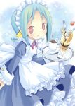  :o apron cup dress green_hair headdress highres long_sleeves open_mouth parfait pop red_eyes solo 
