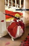 ahoge blonde_hair breasts cleavage dress epaulettes fate/extra fate/stay_night fate_(series) flower green_eyes highres lightofheaven long_hair petals red_rose rose rose_petals saber_extra see-through solo sword weapon 