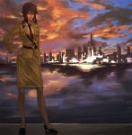  building city cityscape cloud clouds ghost_in_the_shell hand_on_hip high_heels kusanagi_motoko lights mochikko_(cocoa0101) necktie purple_hair red_eyes shoes sky skyscraper solo thighhighs uniform water 