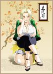  breasts cleavage crossed_legs headband high_heels huge_breasts jewelry lipstick maou_alba nail_polish naruto necklace sandals shoes sitting smile solo themed_object tsunade uzumaki_naruto 