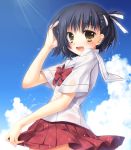  aikawa_kizuna black_hair blush brown_eyes crossdressinging male minakami_kurena open_mouth prunus_girl school_uniform see-through short_hair skirt smile solo trap wet wet_clothes 