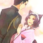  1girl animal_ears black_hair brown_eyes couple fox_ears holding_hands japanese_clothes kimono maid_headdress military military_uniform open_mouth otome_youkai_zakuro purple_eyes short_hair smile susukihotaru uniform violet_eyes xylit01 yoshinokazura_riken 