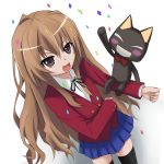  brown_eyes brown_hair cat character_request crossover doko_demo_issho highres kuro_(doko_demo_issho) long_hair nyabe school_uniform thigh-highs thighhighs toradora! 