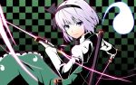  checkered_background dual_wielding gayprince ghost hairband highres katana konpaku_youmu konpaku_youmu_(ghost) myon short_hair silver_hair solo sword touhou weapon 