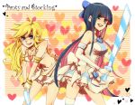  8michu :p bad_id blonde_hair bridal_gauntlets fingerless_gloves gloves gun heart highres legs multicolored_hair multiple_girls panty_&amp;_stocking_with_garterbelt panty_(character) panty_(psg) smile stocking_(character) stocking_(psg) sword tongue two-tone_hair weapon 