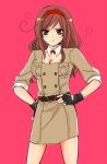  :t ahoge alternate_hair_length alternate_hairstyle annoyed axis_powers_hetalia bangs belt blush bowtie breasts brown_hair cleavage collar detached_collar dress fingerless_gloves frown genderswap gloves green_eyes hairband hands_on_hips large_breasts long_hair military military_uniform miniskirt moka_(moeko013) pink_background pout simple_background skirt sleeves_rolled_up solo southern_italy_(hetalia) swept_bangs uniform wavy_hair 