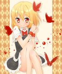  argyle argyle_background blonde_hair blush bow bowtie butterfly face frills hair_bow legs no_panties omijin red_eyes rumia short_hair smile solo touhou wrist_cuffs 