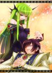  c.c. closed_eyes code_geass earrings green_hair hair_ornament hands_clasped jewelry lap_pillow lelouch_lamperouge long_hair lying minami_(apricot_tea) on_back sitting smile yellow_eyes 