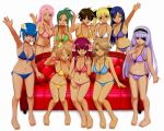  amane_(dream_c_club) android bikini blonde_hair blue_hair bow breasts brown_hair character_request cleavage couch dream_c_club everyone eyepatch front-tie_top futaba_riho glasses green_eyes green_hair hair_bow hair_ornament ili_(dream_c_club) karubi long_hair looking_at_viewer mari_(dream_c_club) mian_(dream_c_club) mio_(dream_c_club) multiple_girls nao_(dream_c_club) pink_hair purple_eyes purple_hair receptionist_(dream_c_club) red_eyes reika_(dream_c_club) ribbon rui_(dream_c_club) setsu_(dream_c_club) short_hair side-tie_bikini swimsuit tan tanline twintails wink yellow_eyes 